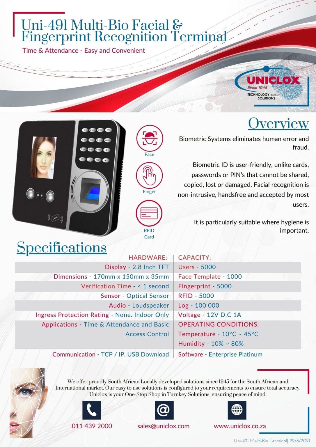 Uni-491 Specification Sheet | Uniclox